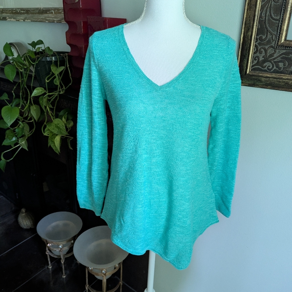 Eileen Fisher Sweater Wms PP Turquoise V-Neck Organic Linen Cotton Slub Knit 152